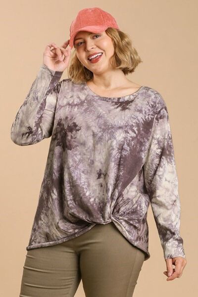 Tie Dye Front Gathered Detail Round Neck Long Sleeve T-Shirt Plus Size