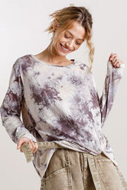 Tie Dye Front Gathered Detail Round Neck Long Sleeve T-Shirt Plus Size