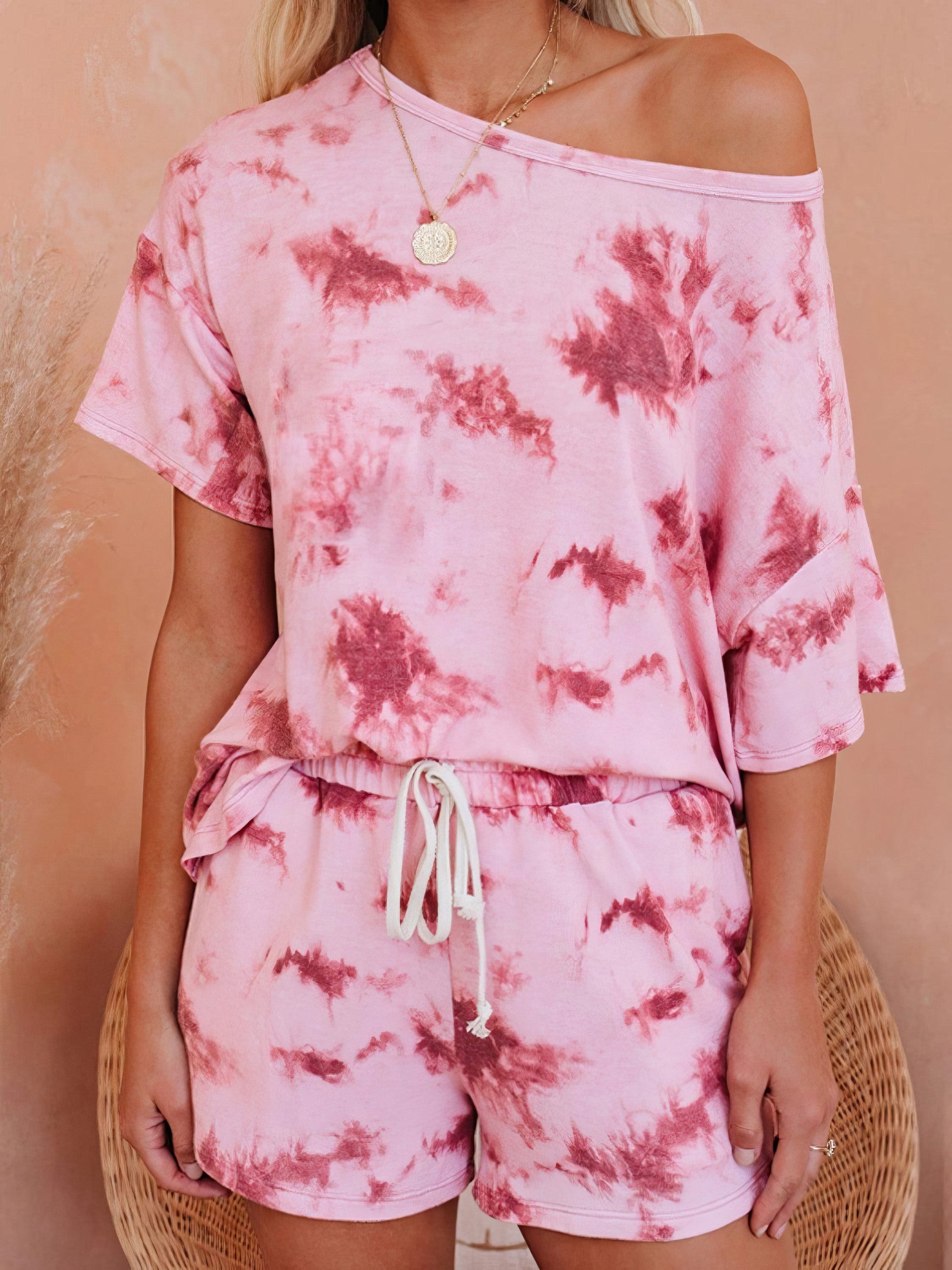Women's tie-dye half sleeve top and shorts set with drawstring