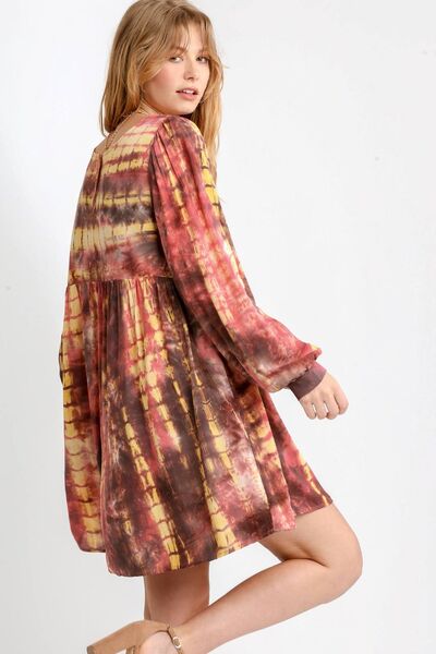 Umgee Full Size Tie Dye Long Sleeve Babydoll Dress with Keyhole Plus Size.