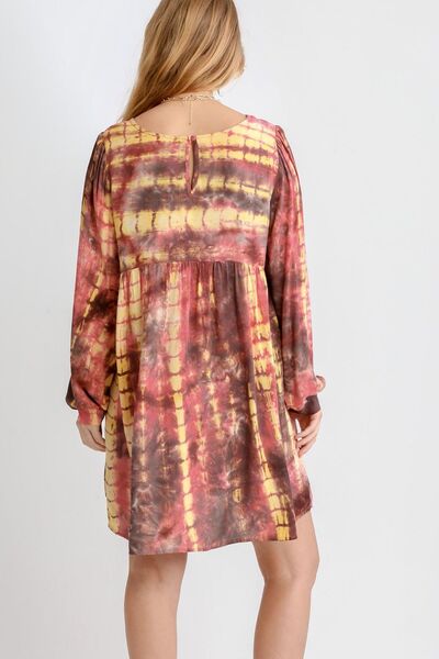 Umgee Full Size Tie Dye Long Sleeve Babydoll Dress with Keyhole Plus Size.
