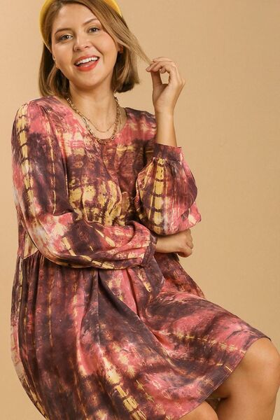 Umgee Full Size Tie Dye Long Sleeve Babydoll Dress with Keyhole Plus Size.