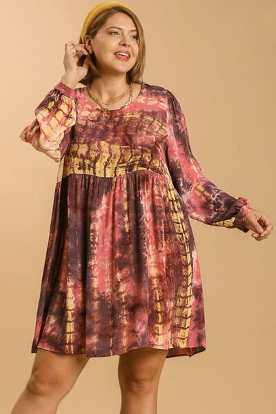 Umgee Full Size Tie Dye Long Sleeve Babydoll Dress with Keyhole Plus Size.