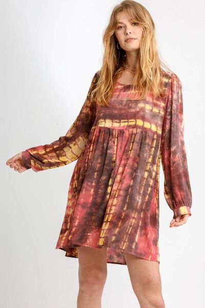 Umgee Full Size Tie Dye Long Sleeve Babydoll Dress with Keyhole Plus Size.
