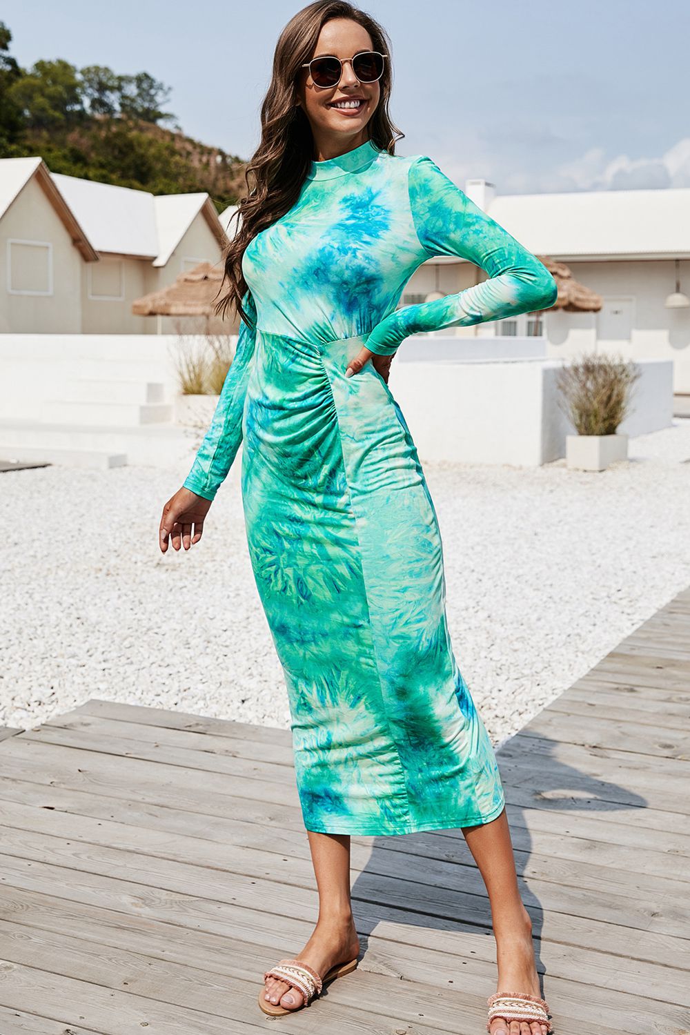 Tie Dye Mock Neck Long Sleeve Dress.