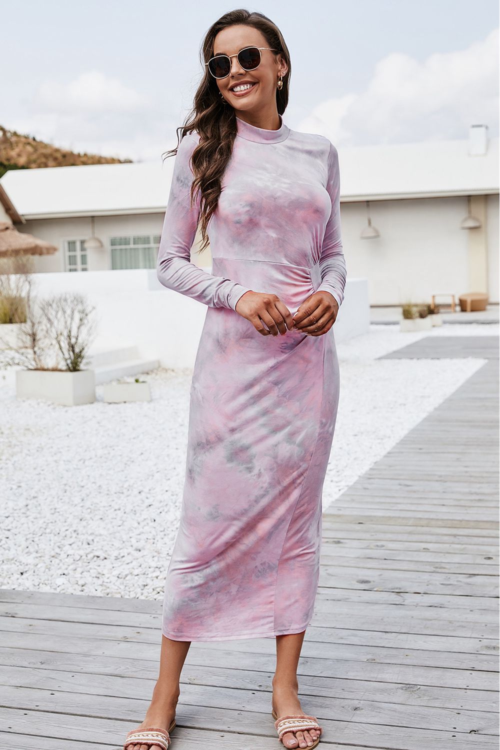 Tie Dye Mock Neck Long Sleeve Dress.