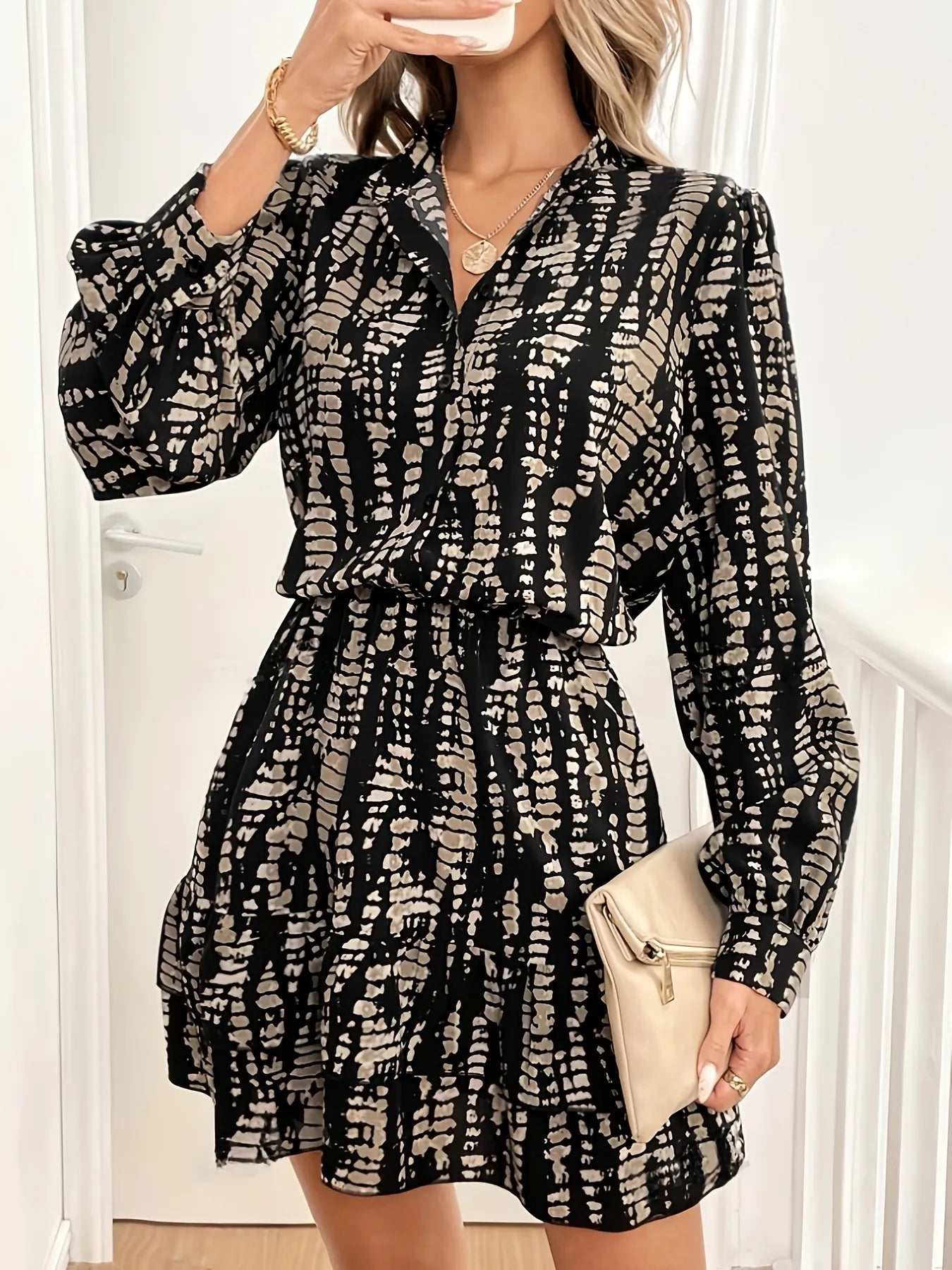 Tie-Dye Print Long Sleeve Mini Dress.
