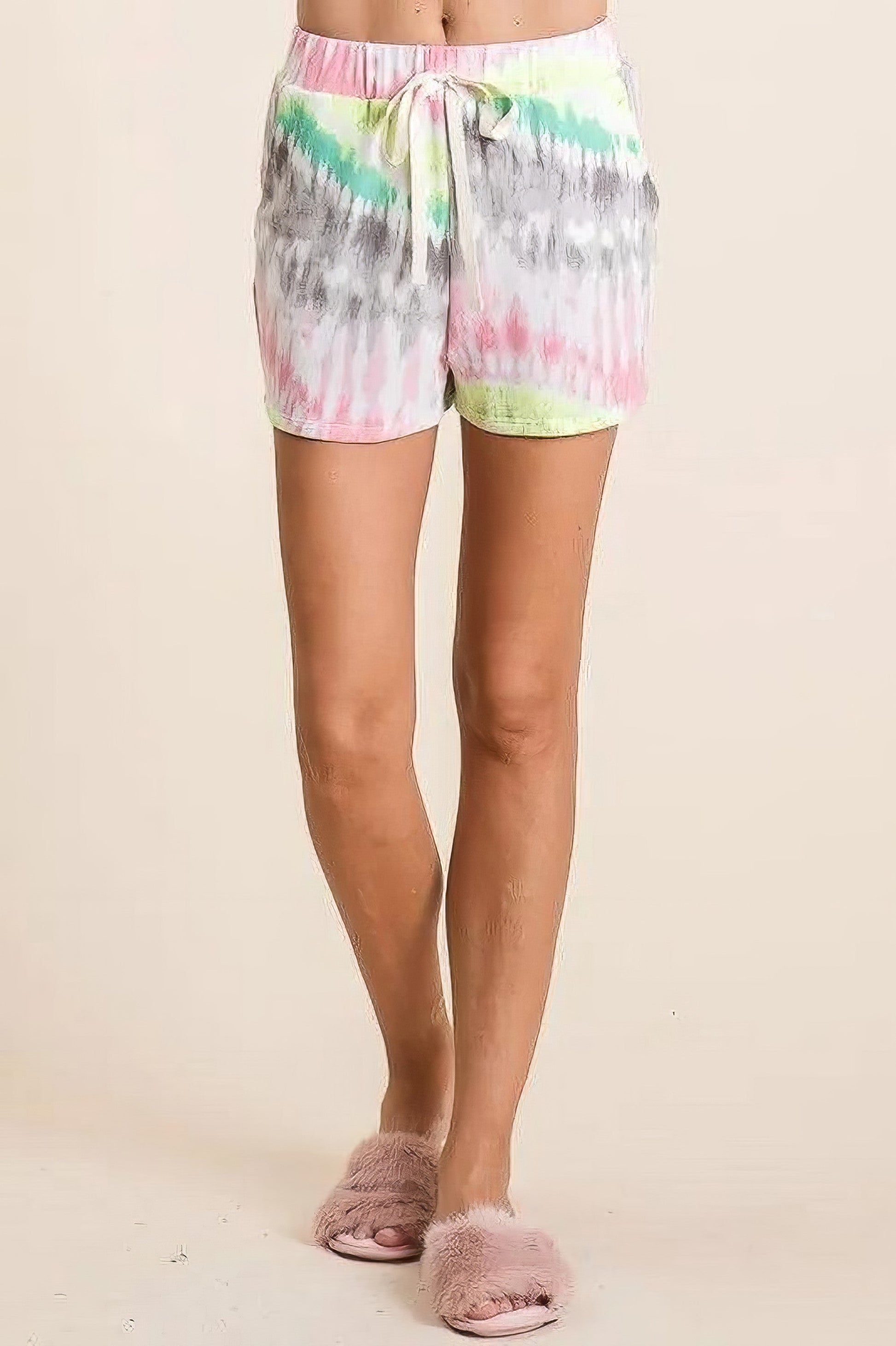 Pastel tie dye print lounge shorts with twill tape drawstring and pockets.