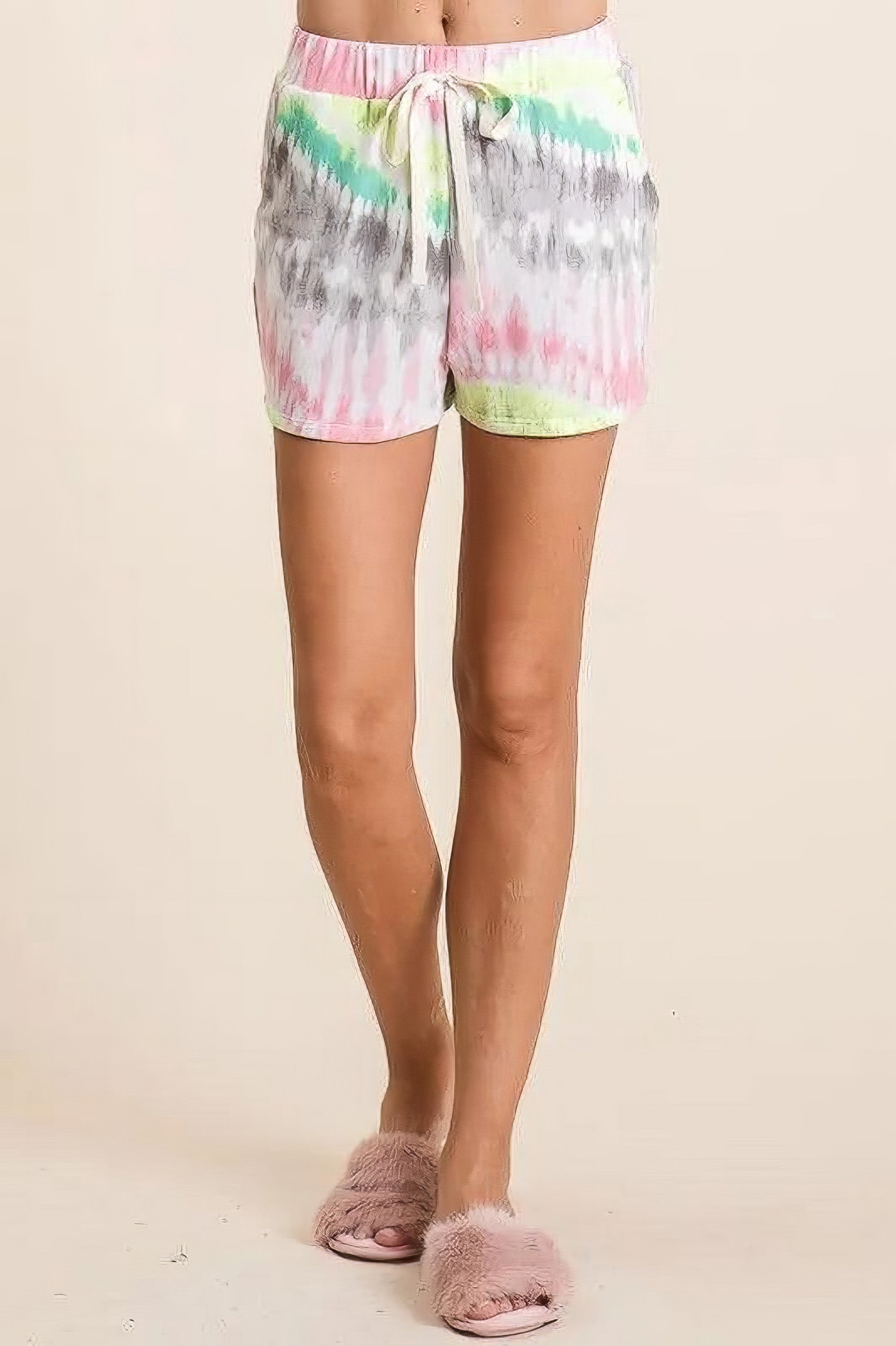 Pastel tie dye print lounge shorts with twill tape drawstring and pockets.