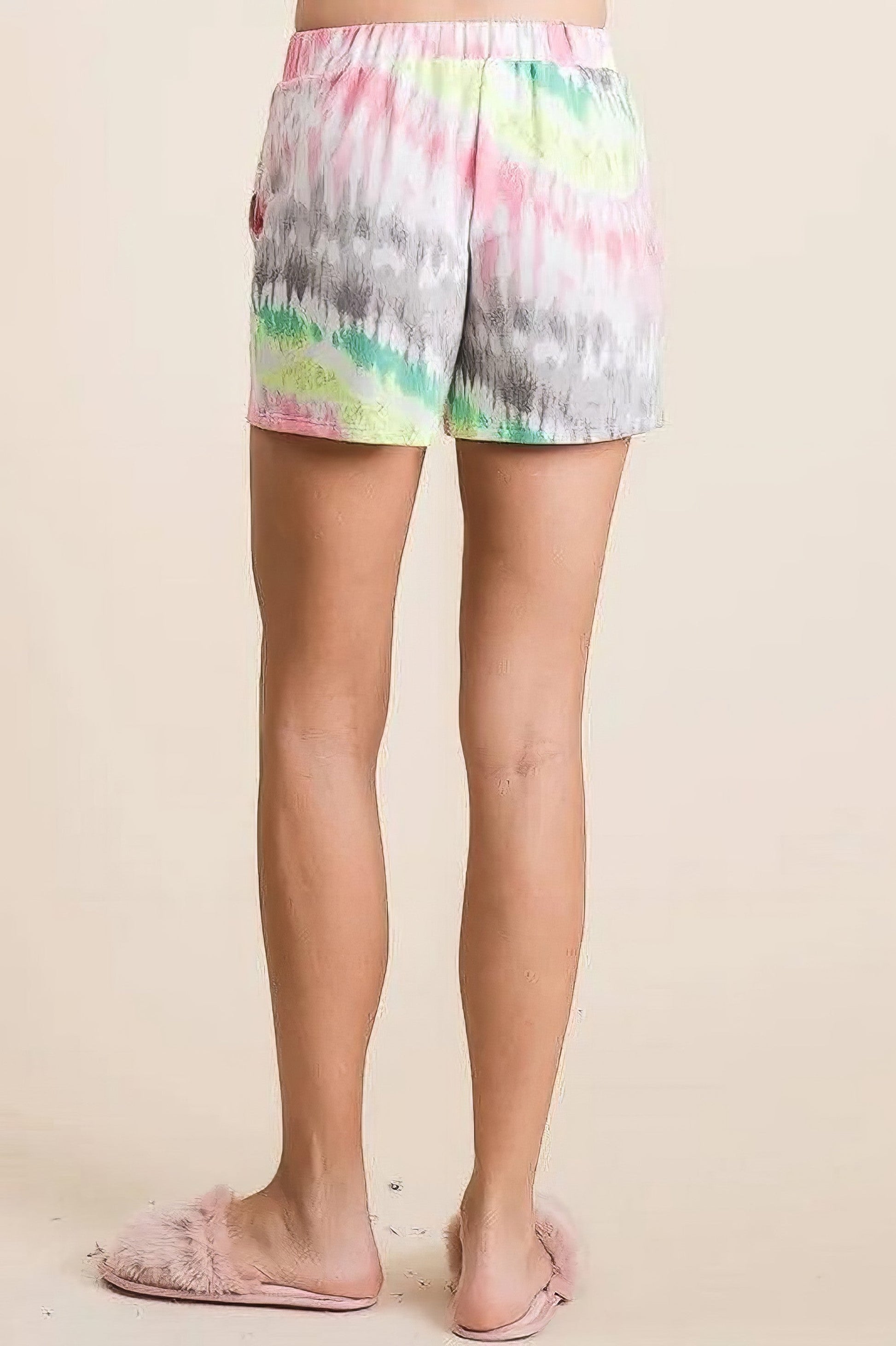 Pastel tie dye print lounge shorts with twill tape drawstring and pockets.