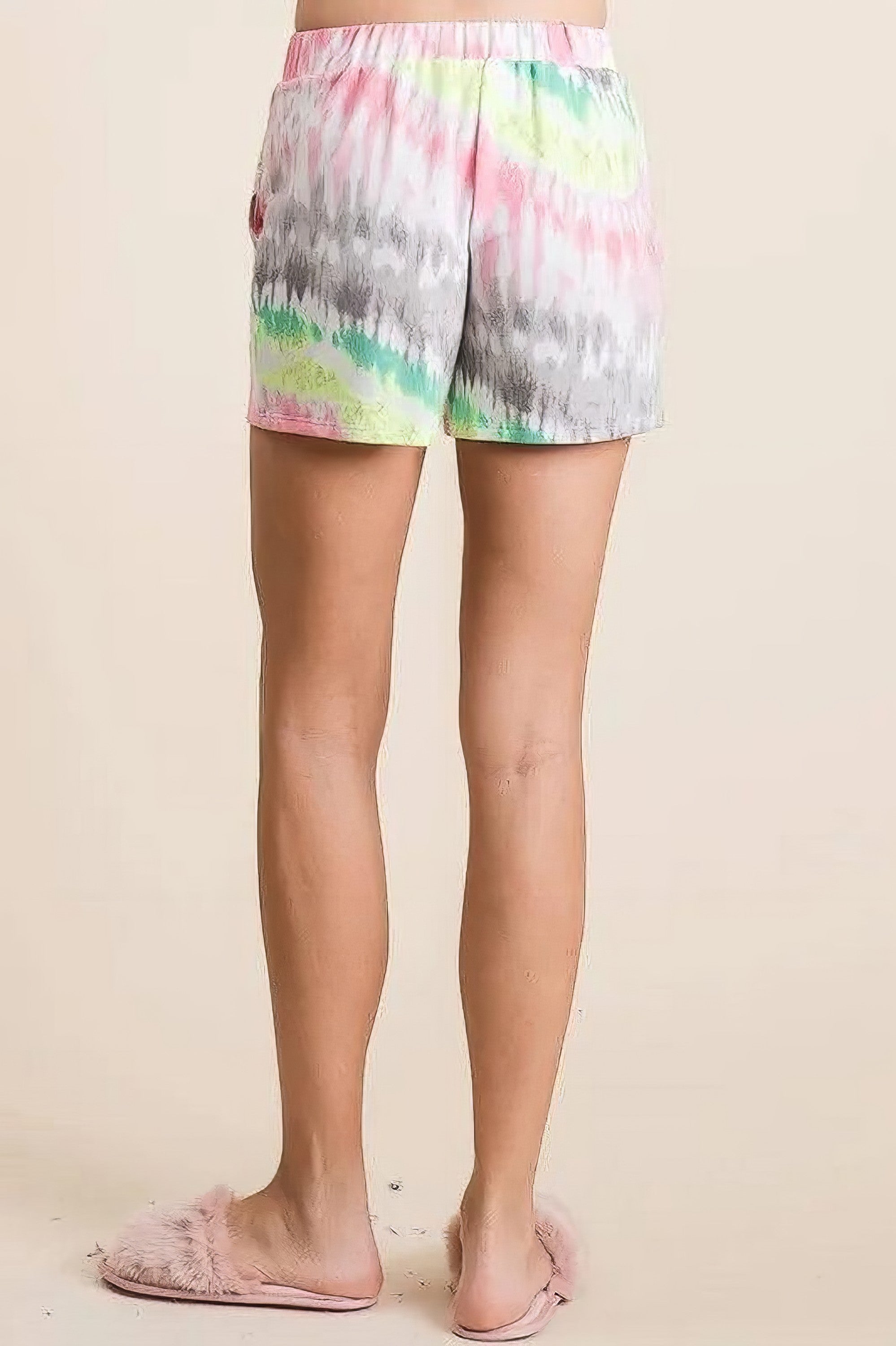 Pastel tie dye print lounge shorts with twill tape drawstring and pockets.