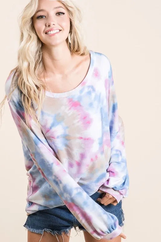 Tie Dye Print Terry Top With Puff Sleeves