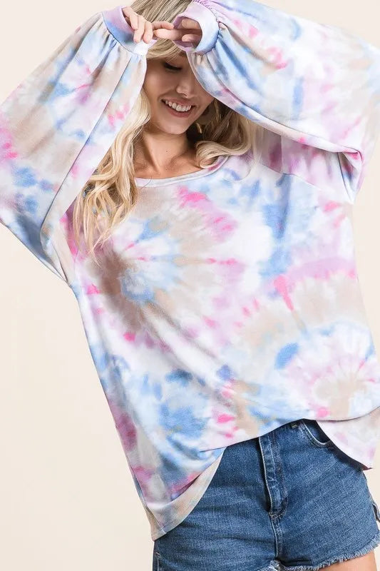 Tie Dye Print Terry Top With Puff Sleeves