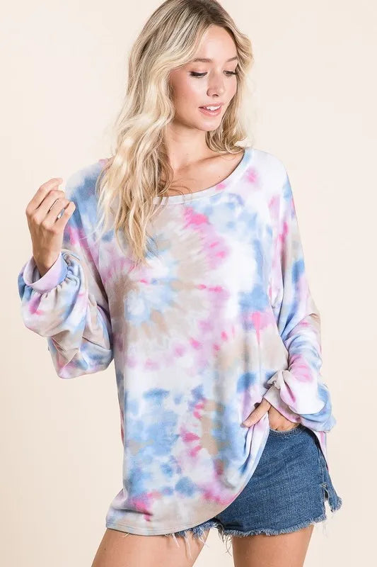Tie Dye Print Terry Top With Puff Sleeves