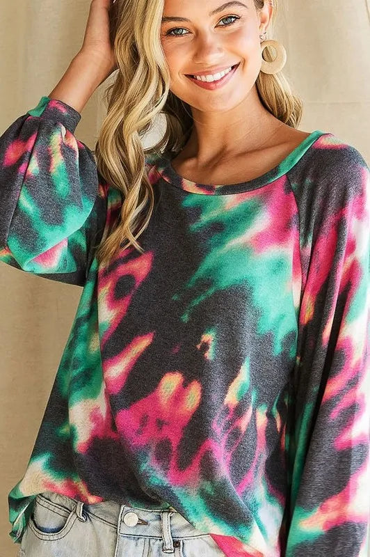 Bibi Tie Dye Print Terry Top with Puff Sleeves.