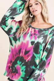 Bibi Tie Dye Print Terry Top with Puff Sleeves.