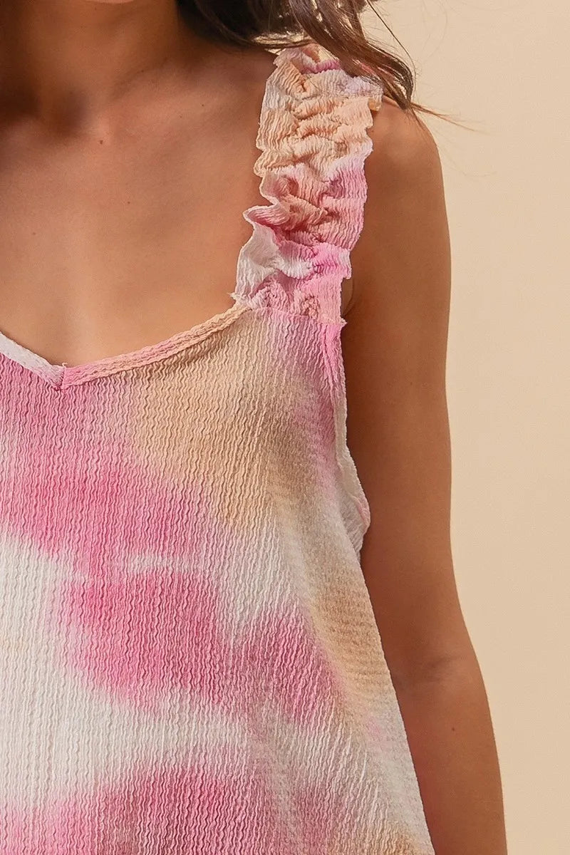 Poplin smocked waist summery cami top with frill and ruffled details, moderately stretchy.