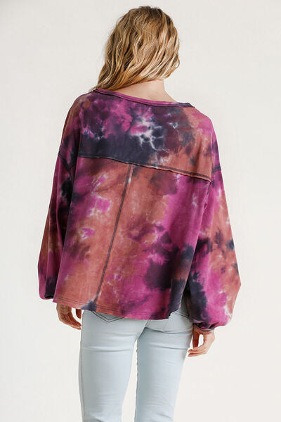 Tie Dye Round Neck Long Balloon Sleeve Top Plus Size