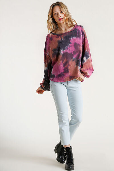 Tie Dye Round Neck Long Balloon Sleeve Top Plus Size