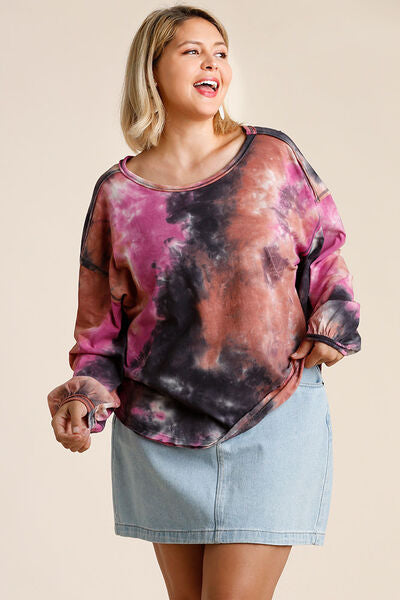 Tie Dye Round Neck Long Balloon Sleeve Top Plus Size