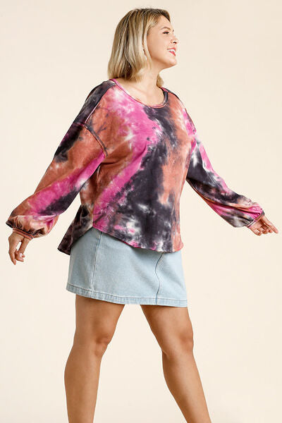 Tie Dye Round Neck Long Balloon Sleeve Top Plus Size