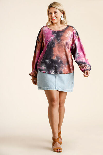 Tie Dye Round Neck Long Balloon Sleeve Top Plus Size
