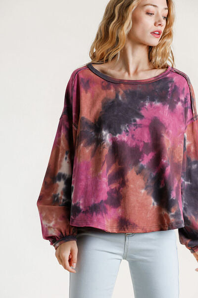 Tie Dye Round Neck Long Balloon Sleeve Top Plus Size
