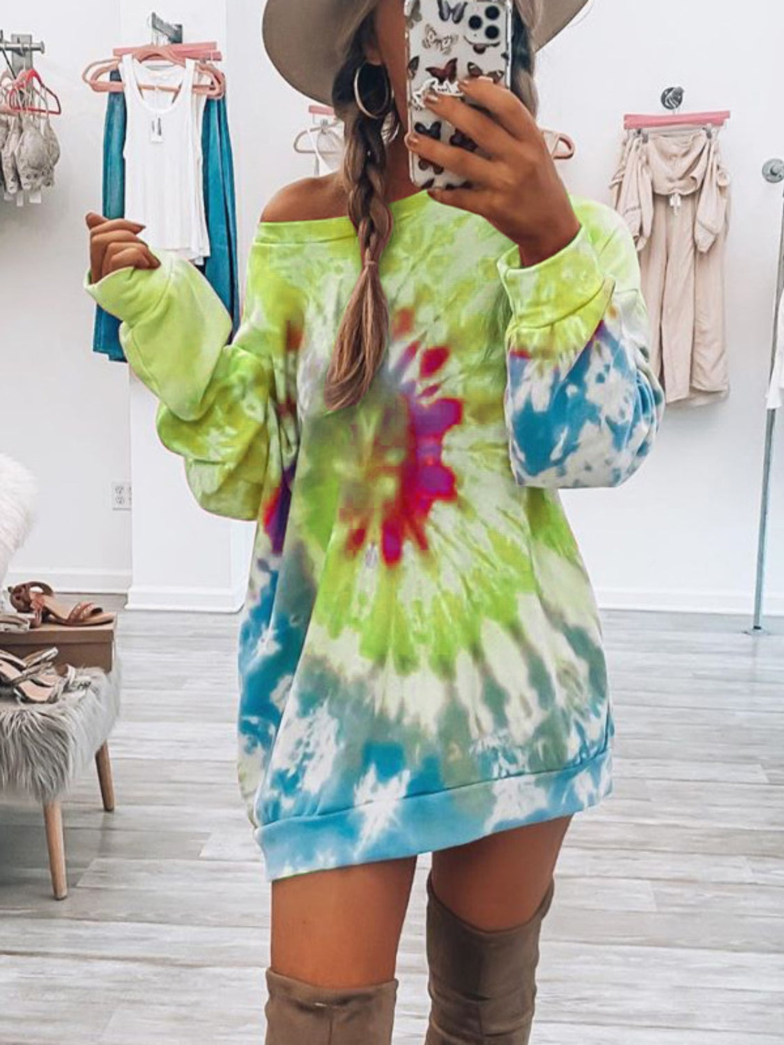 Full Size Tie-Dye Round Neck Long Sleeve Dress.
