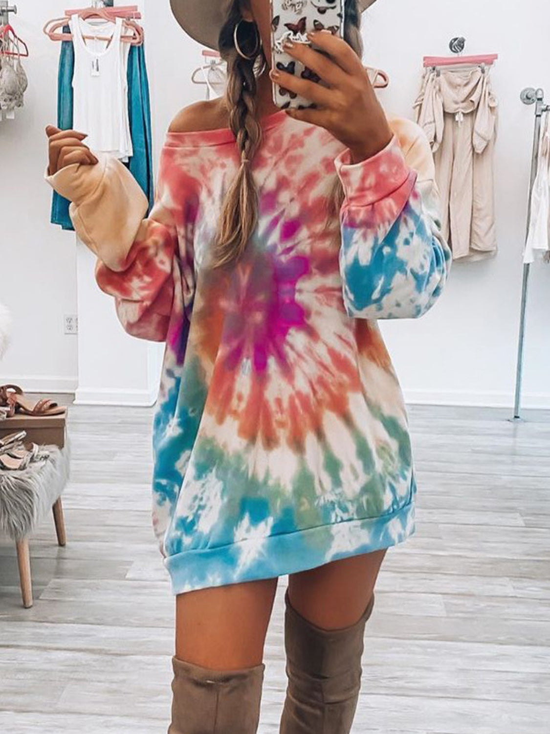 Full Size Tie-Dye Round Neck Long Sleeve Dress.