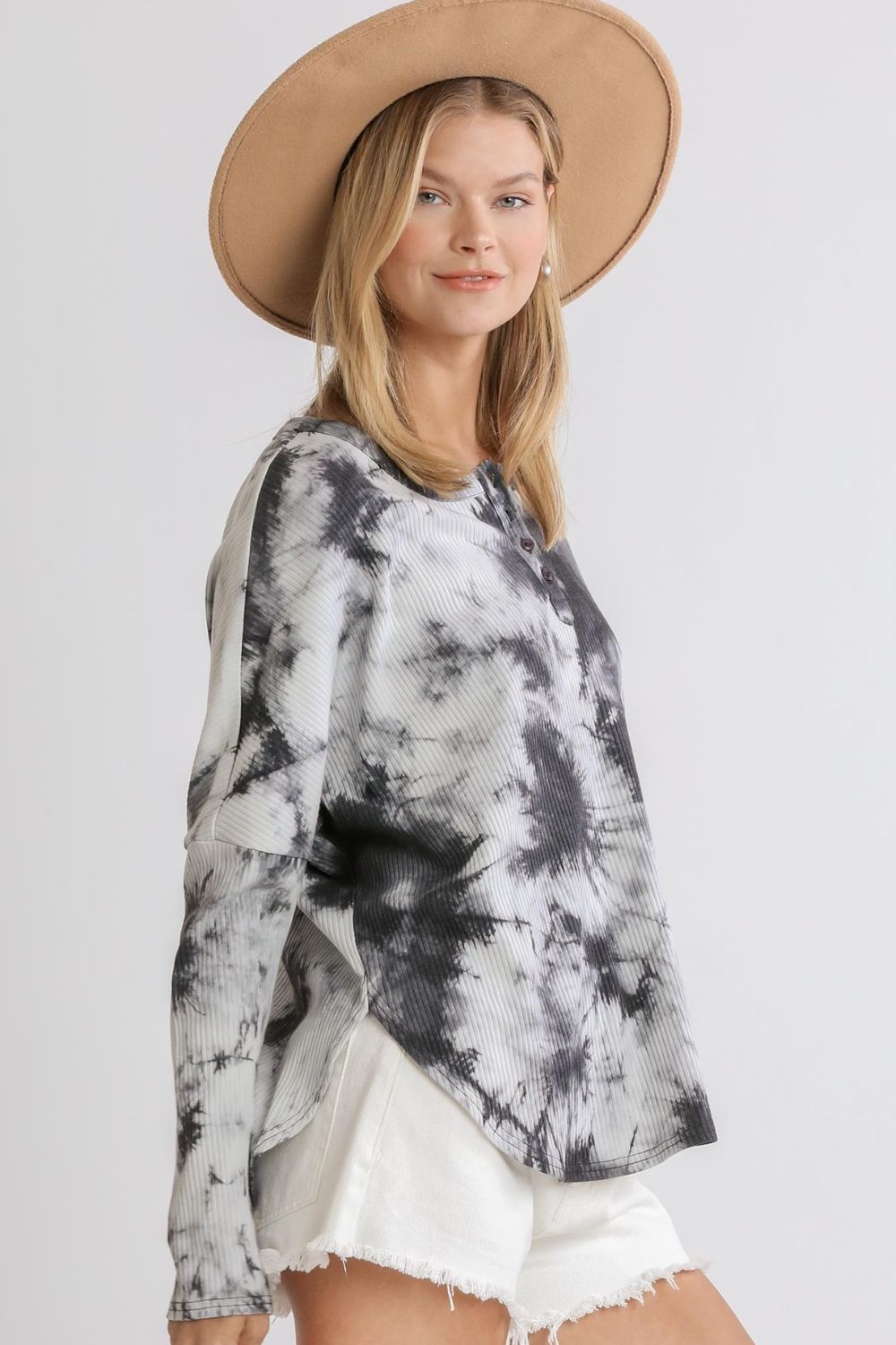 Umgee Full Size Tie Dye Round Neck Ribbed Button Front Top, plus size.
