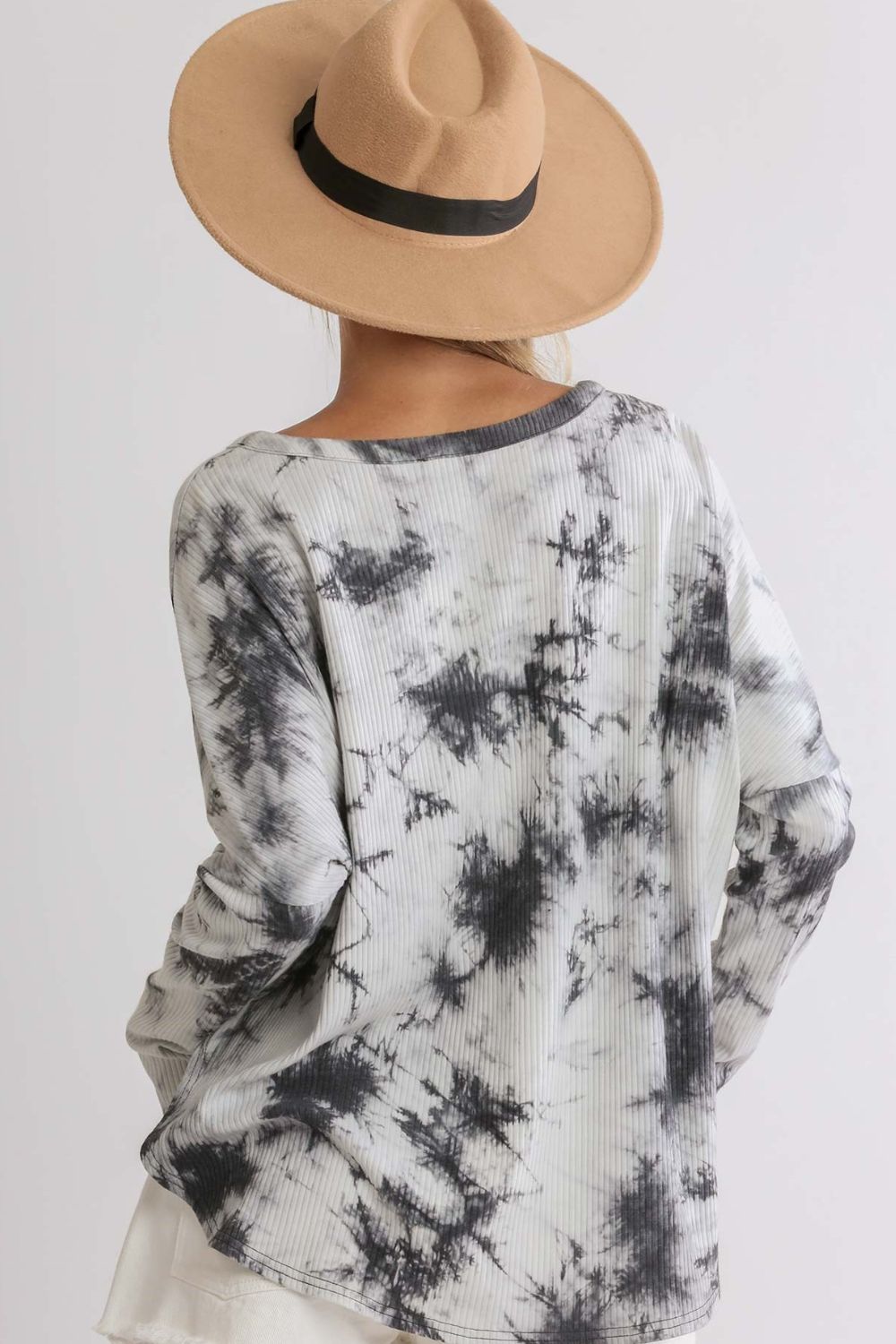 Umgee Full Size Tie Dye Round Neck Ribbed Button Front Top, plus size.