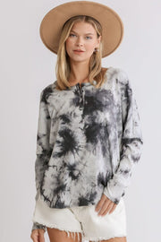 Umgee Full Size Tie Dye Round Neck Ribbed Button Front Top, plus size.