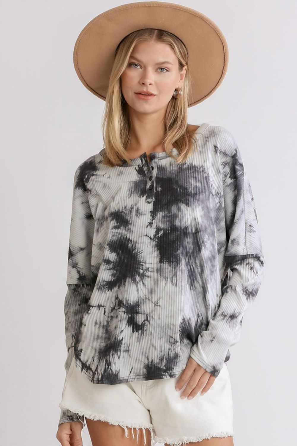 Umgee Full Size Tie Dye Round Neck Ribbed Button Front Top, plus size.