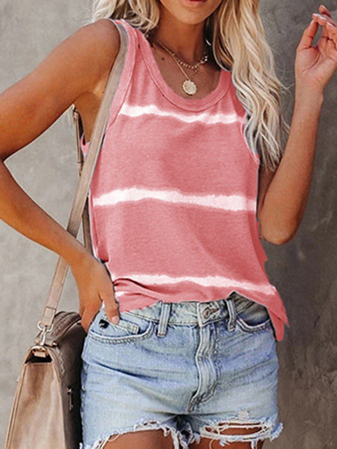 Full size tie-dye round neck tank, opaque and slightly stretchy.