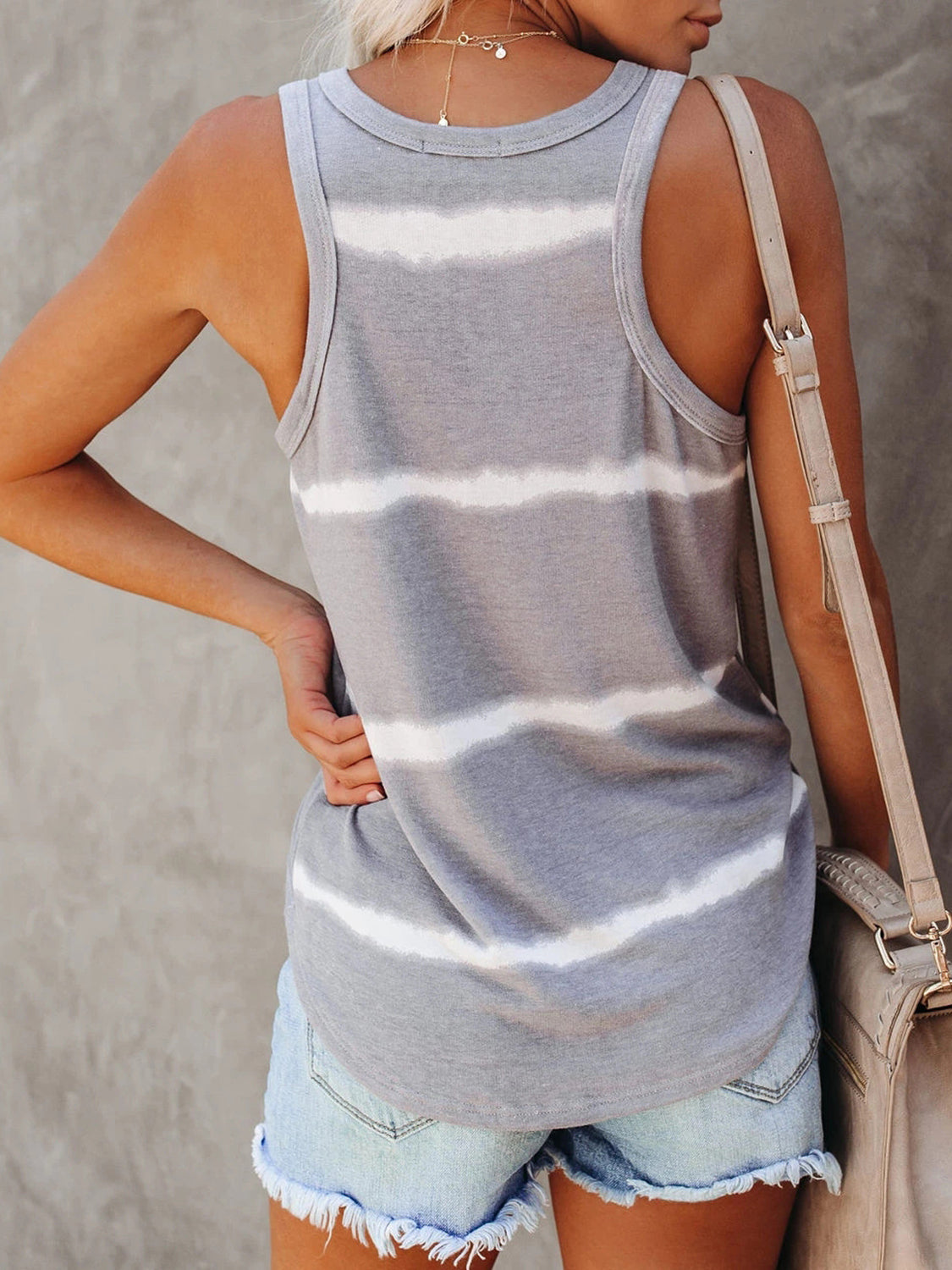 Full size tie-dye round neck tank, opaque and slightly stretchy.