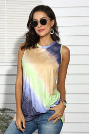 Tie-dye round neck tank, slightly stretchy.