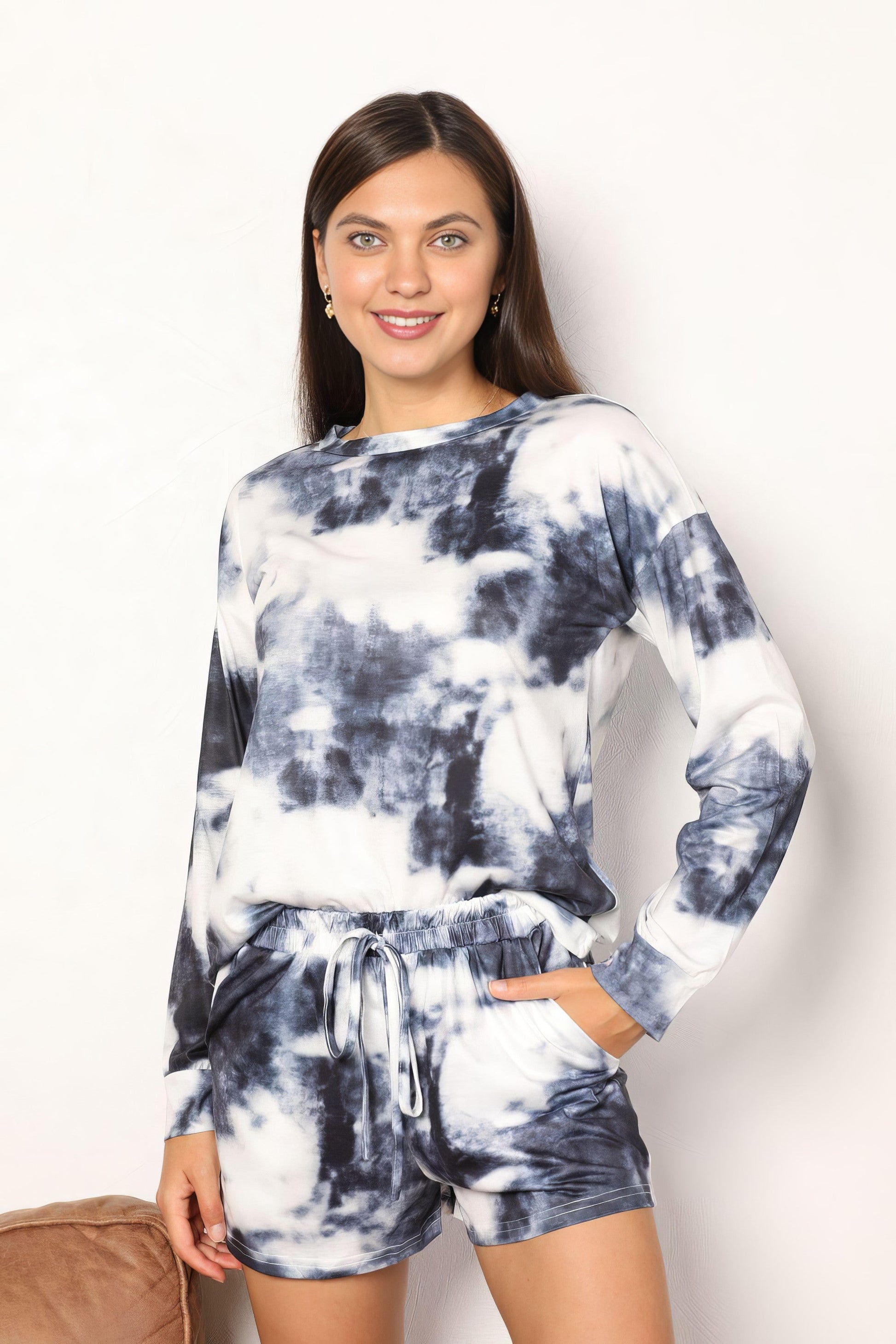 Women's shiny tie-dye round neck top and shorts lounge set with tie