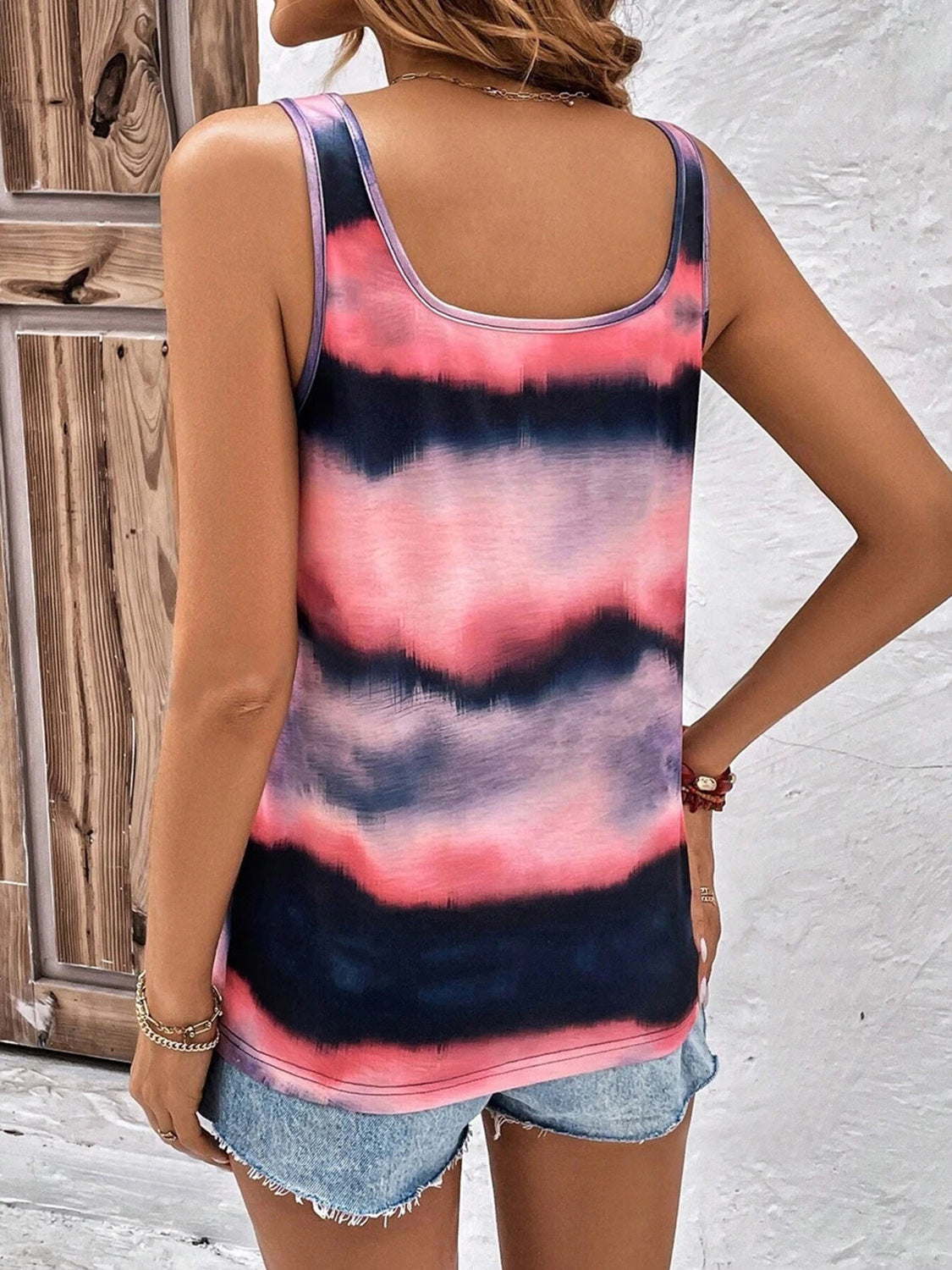 Tie-dye scoop neck wide strap tank, opaque and slightly stretchy.