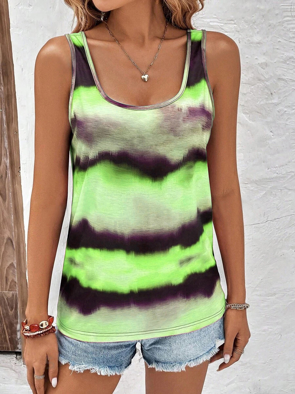 Tie-dye scoop neck wide strap tank, opaque and slightly stretchy.