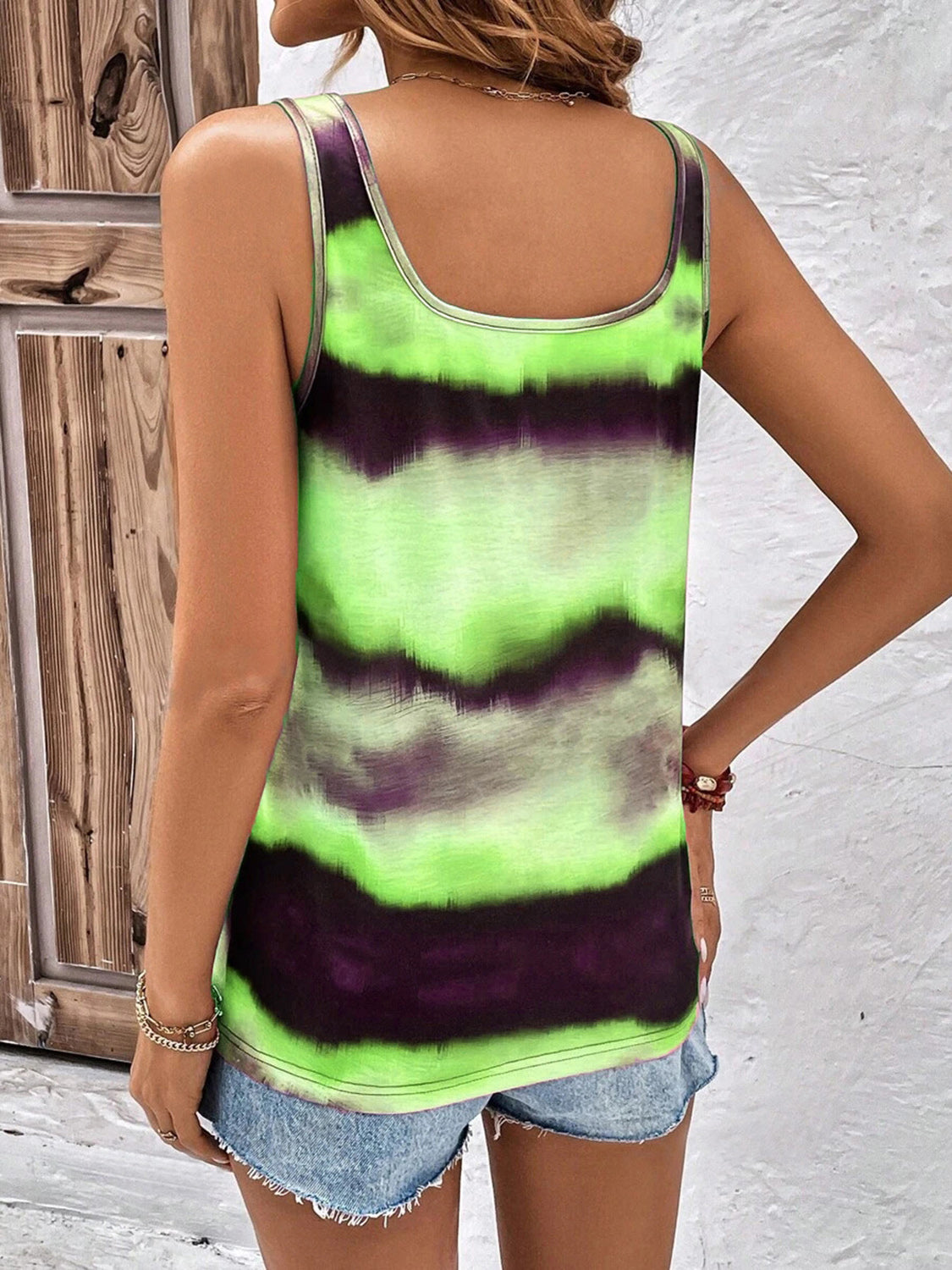 Tie-dye scoop neck wide strap tank, opaque and slightly stretchy.