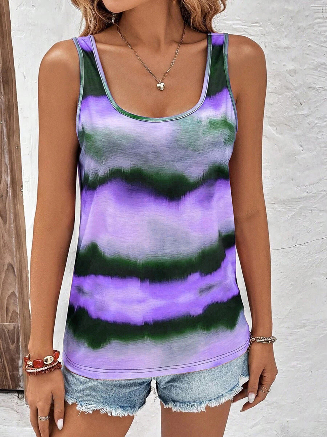 Tie-dye scoop neck wide strap tank, opaque and slightly stretchy.