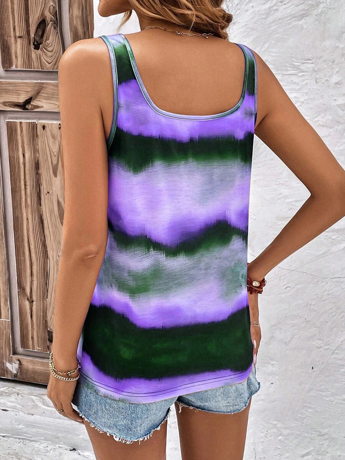 Tie-dye scoop neck wide strap tank, opaque and slightly stretchy.