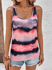 Tie-dye scoop neck wide strap tank, opaque and slightly stretchy.