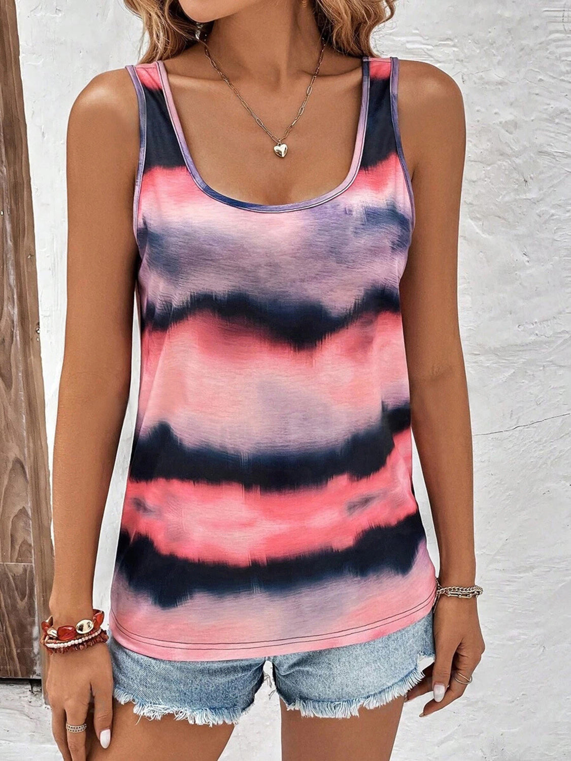 Tie-dye scoop neck wide strap tank, opaque and slightly stretchy.