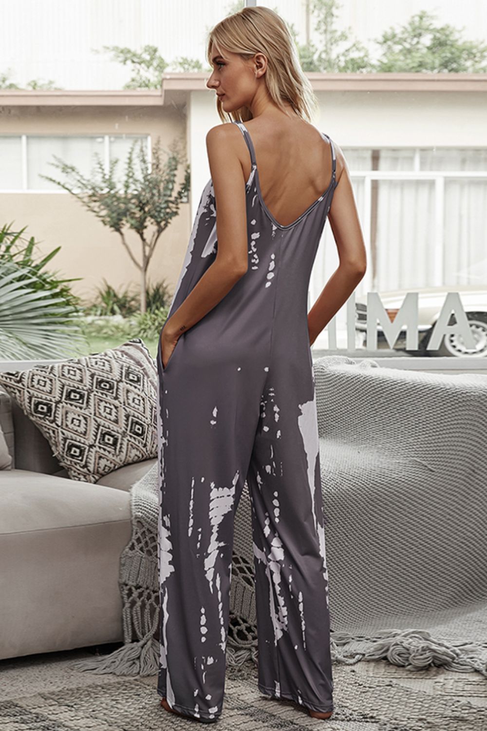 Tie-Dye Spaghetti Strap Jumpsuit with Pockets.