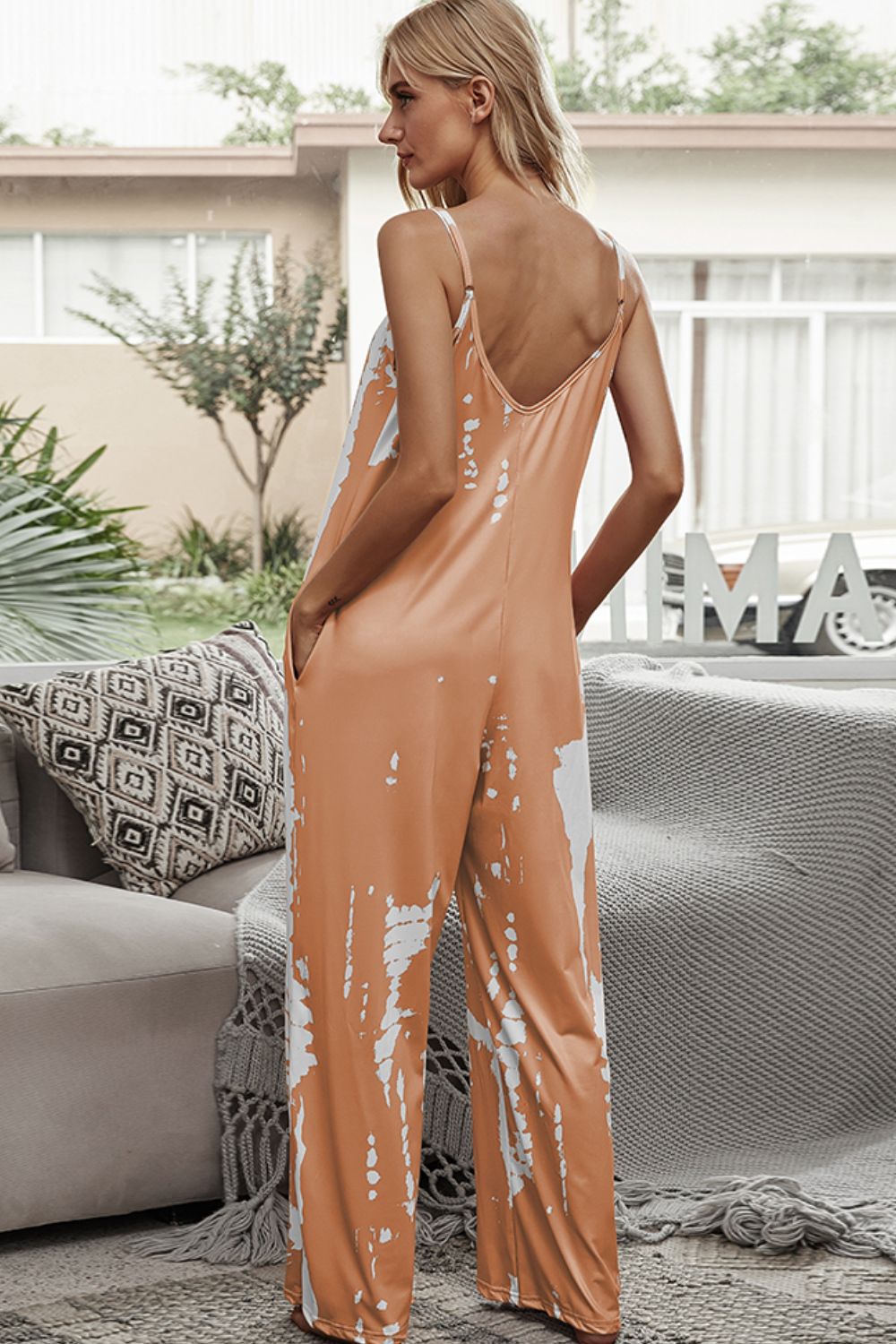 Tie-Dye Spaghetti Strap Jumpsuit with Pockets.