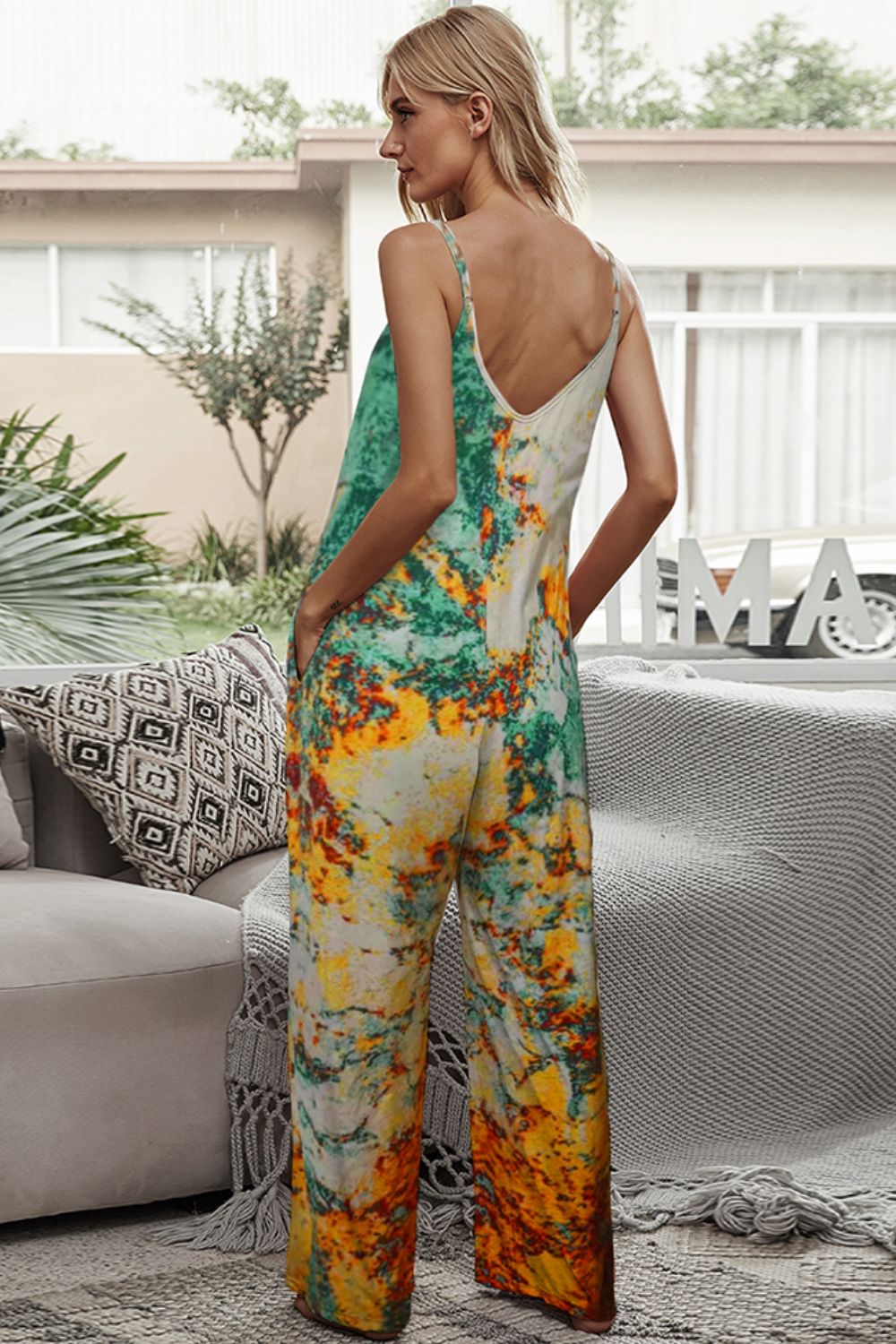 Tie-Dye Spaghetti Strap Jumpsuit with Pockets.