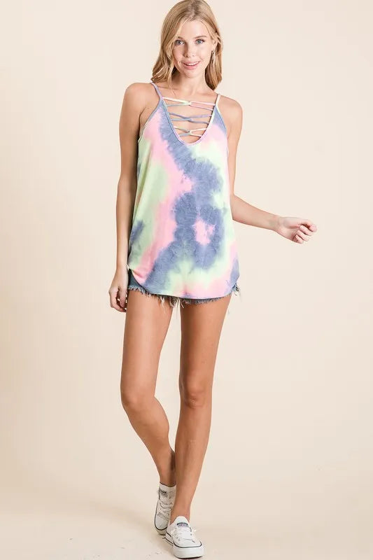 Tie dye terry camisole with caged neck, slightly stretchy.