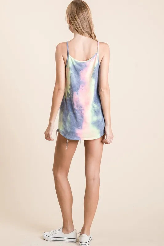 Tie dye terry camisole with caged neck, slightly stretchy.