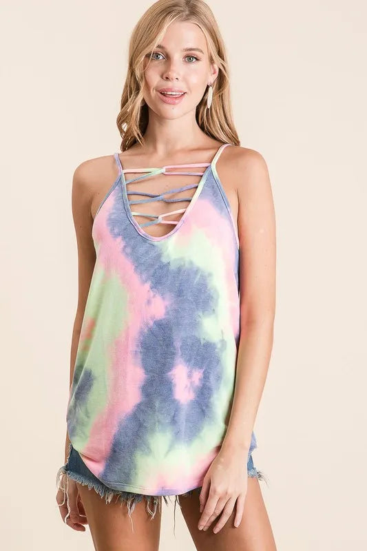 Tie dye terry camisole with caged neck, slightly stretchy.